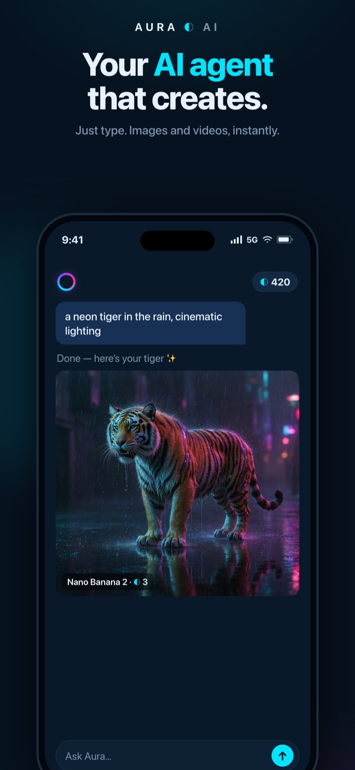 Aura AI agent generating an image from a text prompt on Android