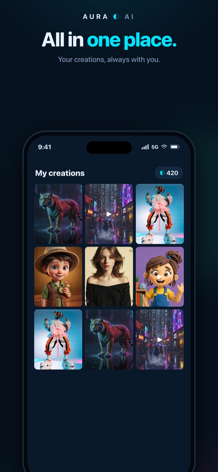 Aura AI creations gallery on Android