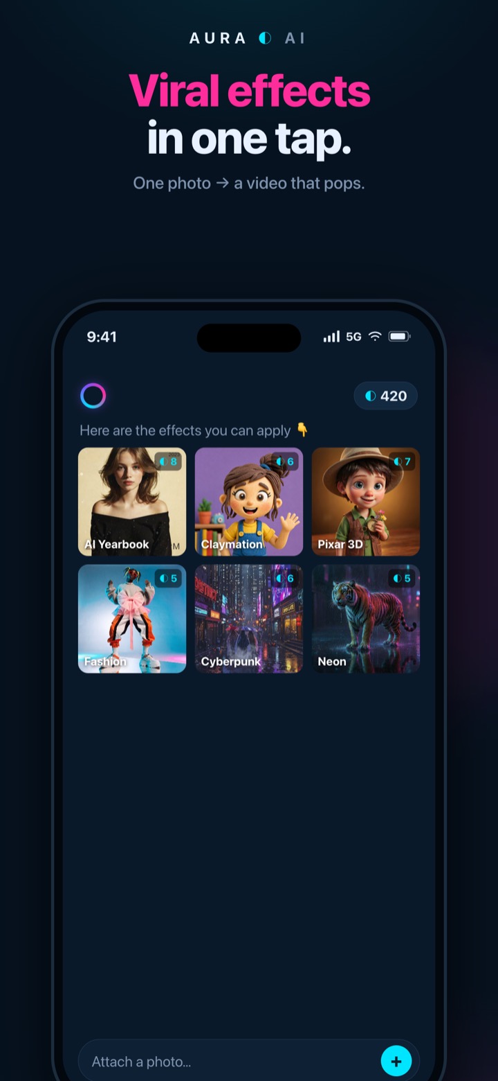 Aura AI viral effects on iPhone: turn a photo into a video with one tap