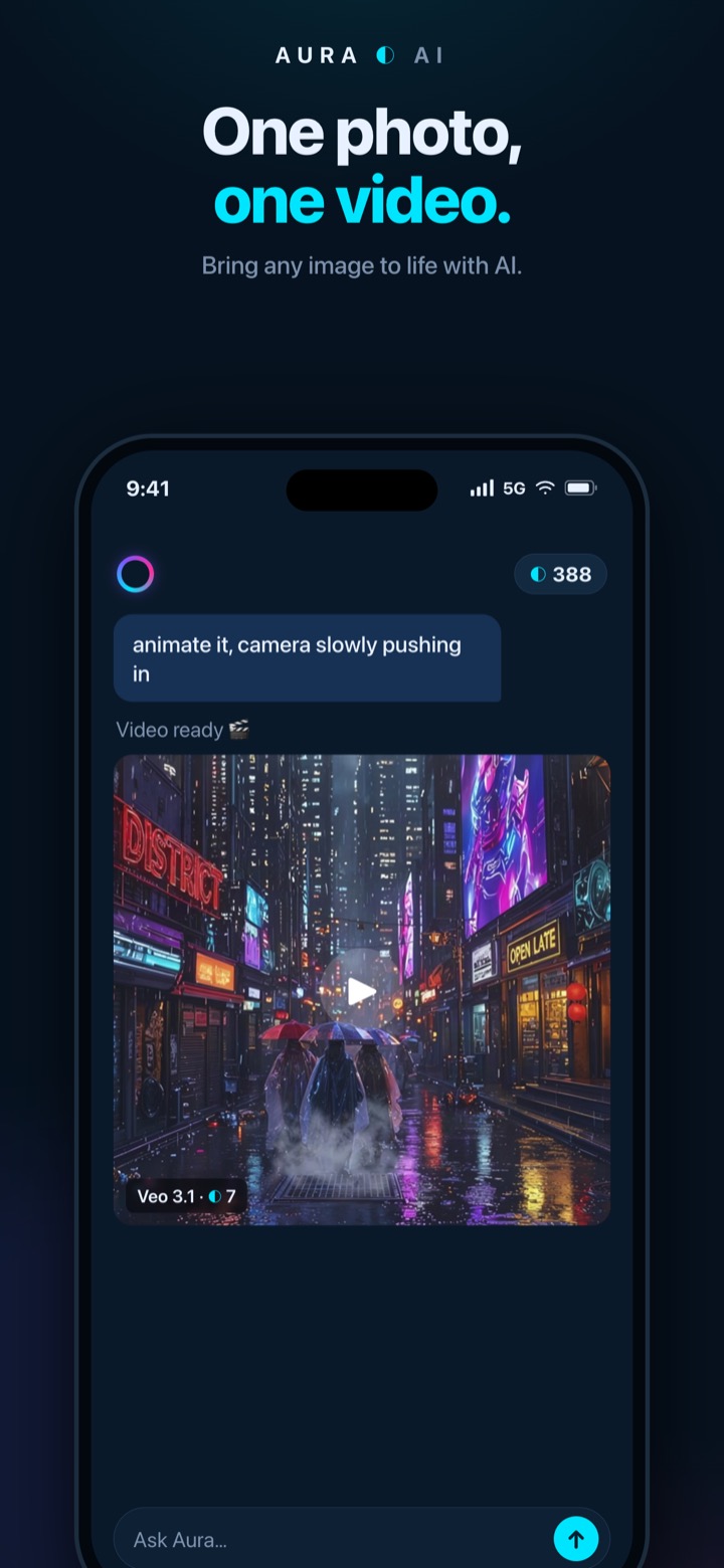 Aura AI animating a photo into a video on iPhone
