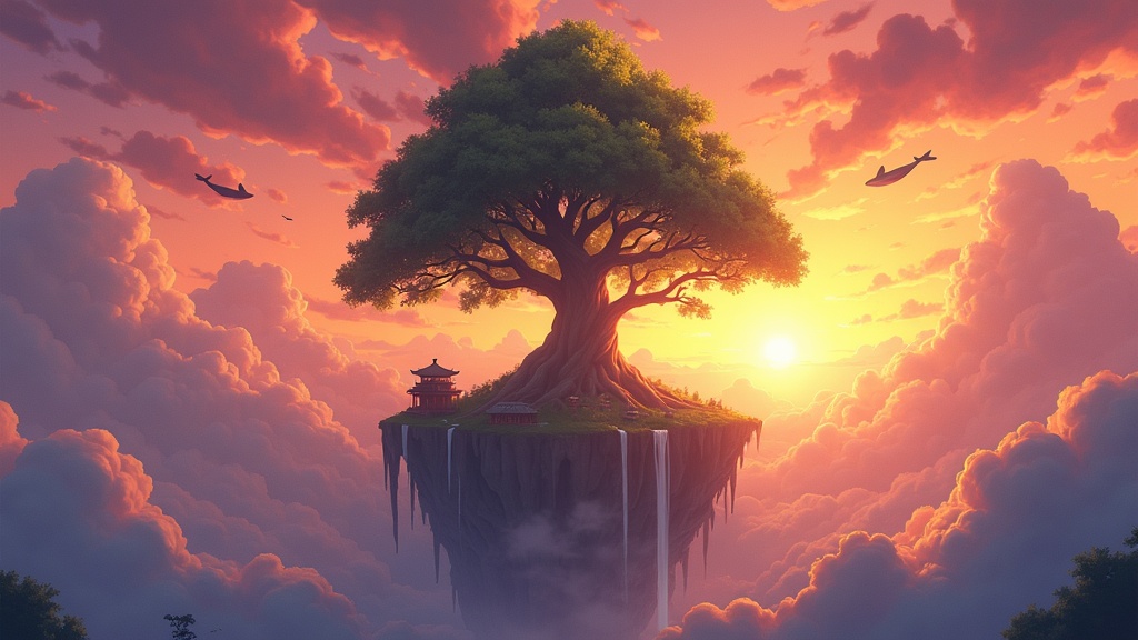 Fantasy anime landscape with floating islands