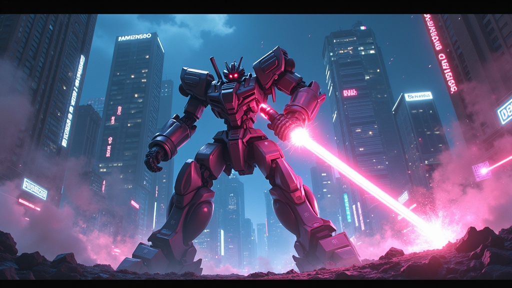 Mecha robot battle in cyberpunk city