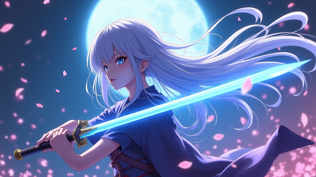 Anime warrior girl with katana and cherry blossoms