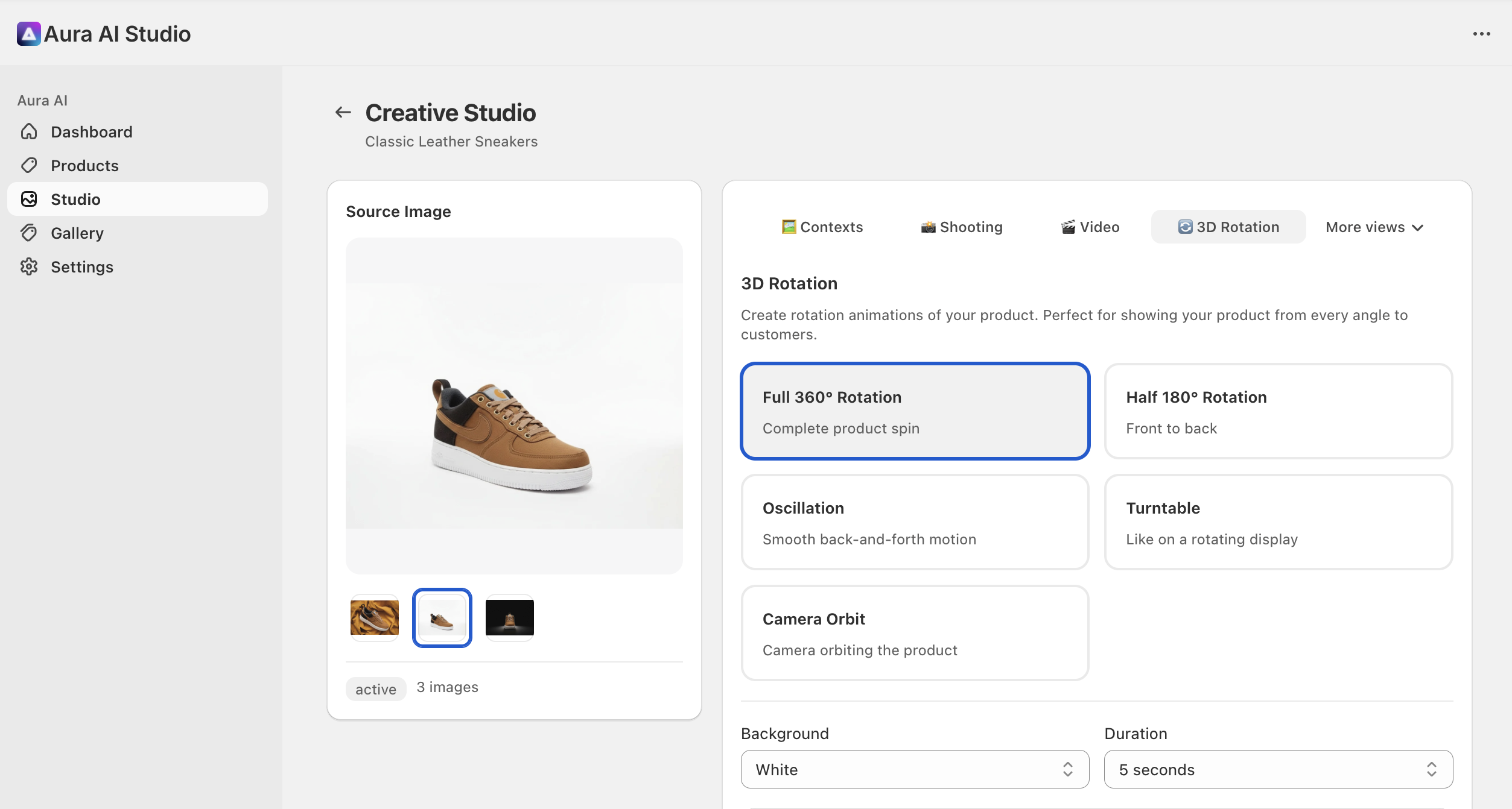 Aura AI Shopify 3D rotation interface - select rotation type, background and duration