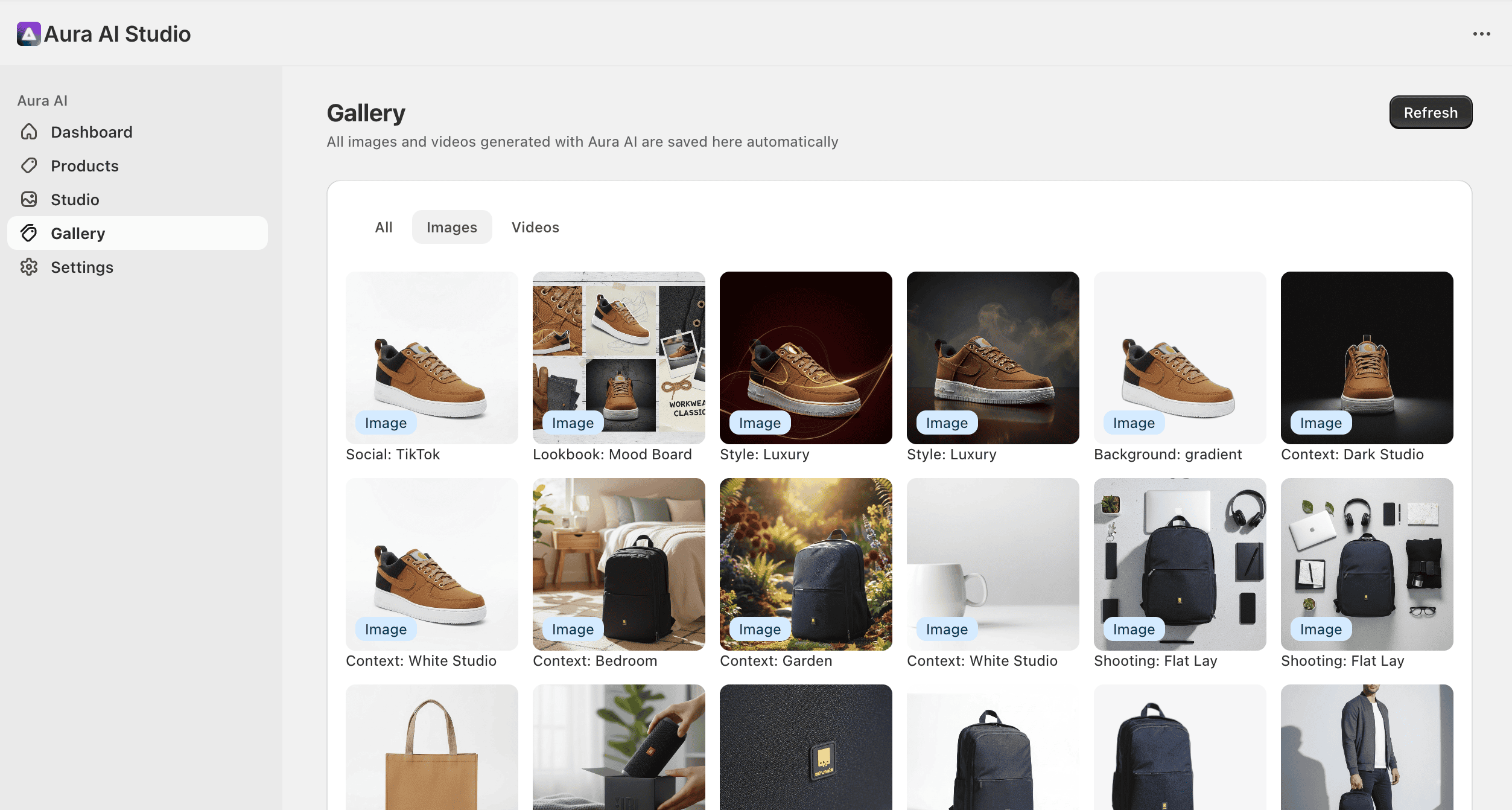 Aura AI Shopify app - gallery of AI-generated product photos, lifestyle images and creative content