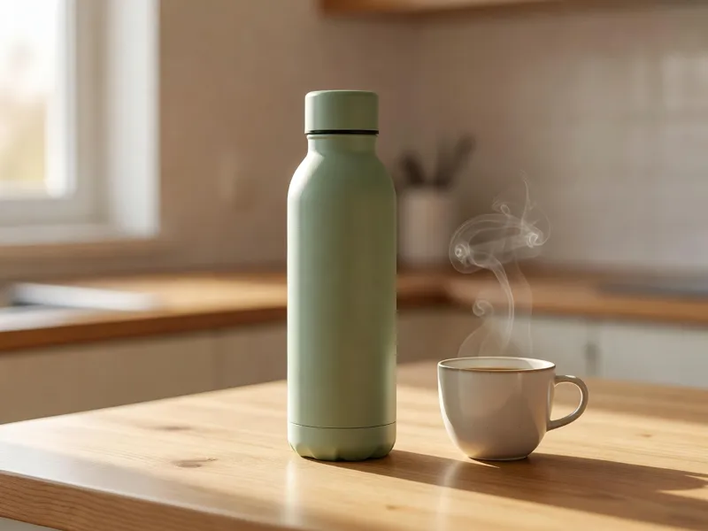 A sage green insulated bottle next to a steaming cup on a kitchen counter
