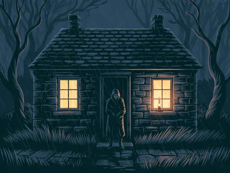 A stone cottage at night with a lamp in the window and a figure at the door in the rain