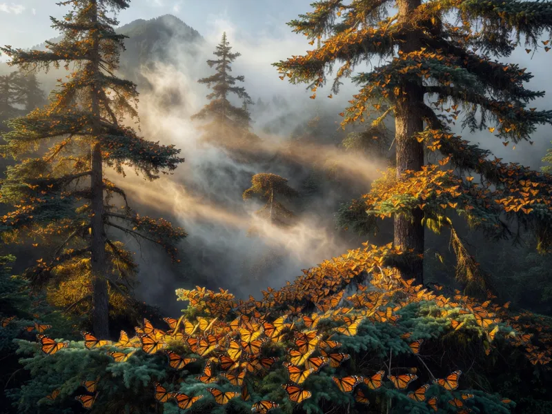 Monarch butterflies covering fir trees in a misty forest