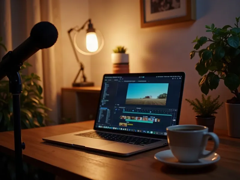 A creator desk with a microphone, a laptop with a video timeline and a coffee