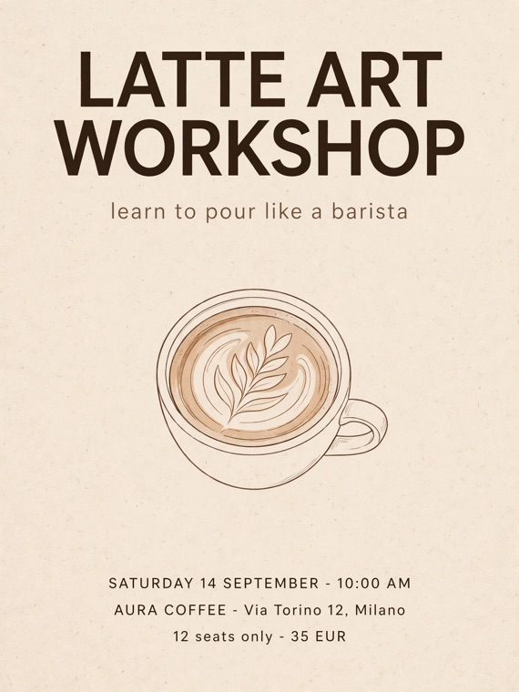 Beige Latte Art Workshop poster generated by Meta Muse Image, with the title 'LATTE ART WORKSHOP', subtitle 'learn to pour like a barista', the line 'SATURDAY 14 SEPTEMBER - 10:00 AM', 'AURA COFFEE - Via Torino 12, Milano', and '12 seats only - 35 EUR', every line rendered as legible, correctly spelled text.