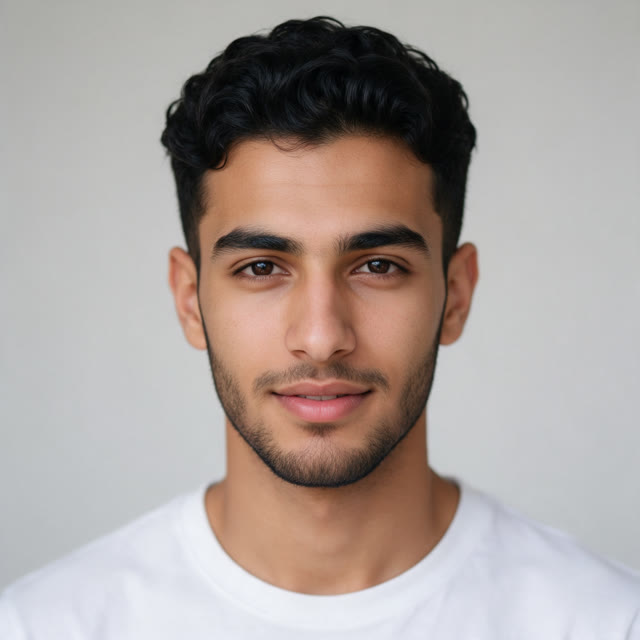 The starting photo: a young man with dark curly hair in a white t-shirt, looking at the camera