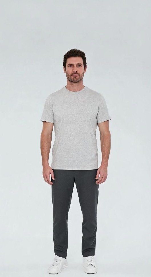 The starting photo: a man with dark hair and a short beard in a grey t-shirt