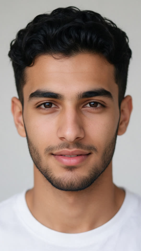 The starting photo: a close-up of a young man with dark curly hair and a short beard in a white t-shirt