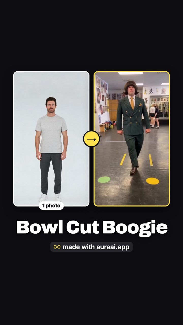 Bowl Cut Boogie from one photo: the AI dancing guy, before and after