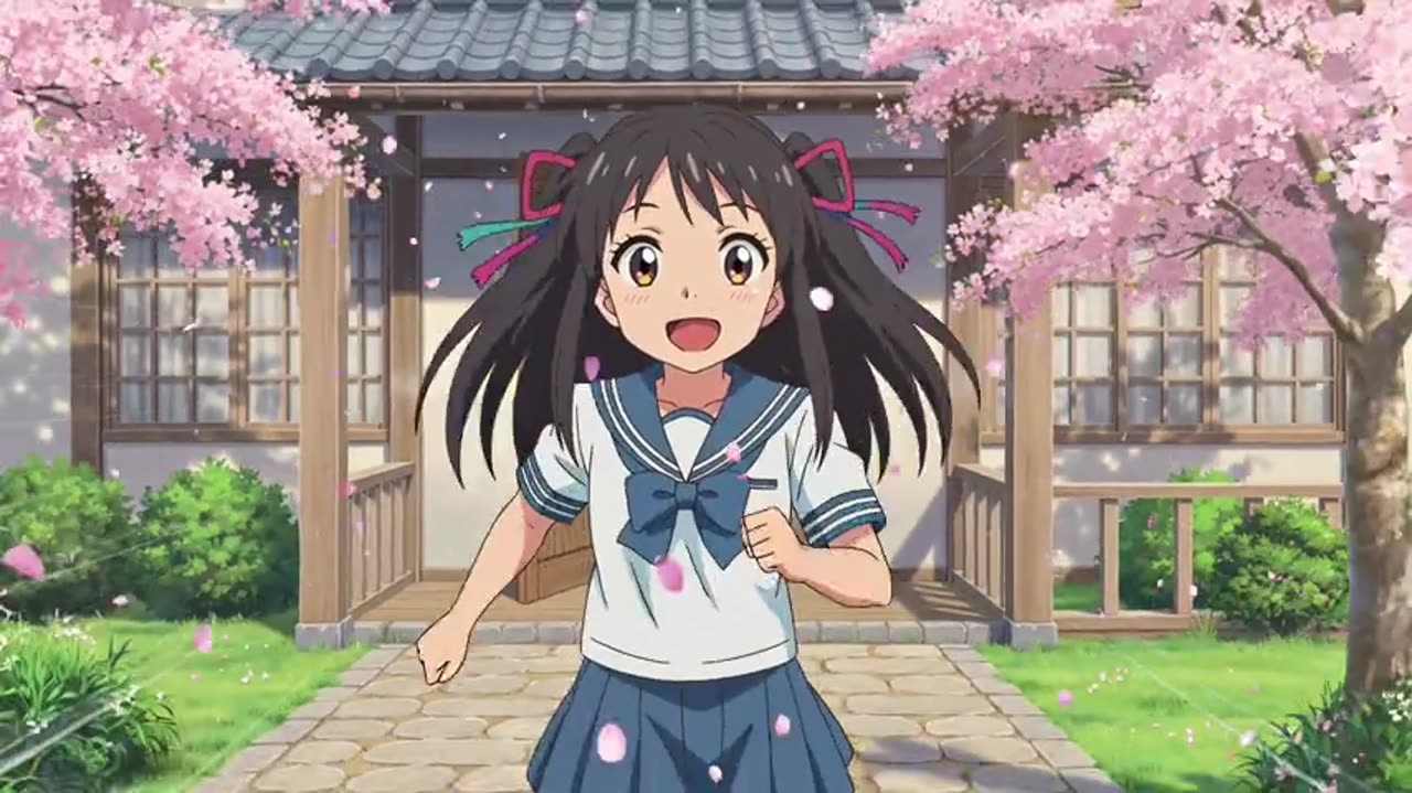 Grok Imagine AI video: anime girl running out under cherry blossoms