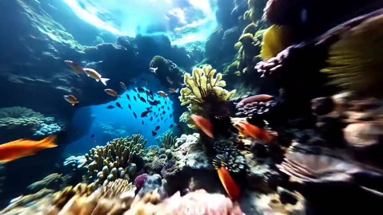 Kling AI video: flying through an underwater coral reef