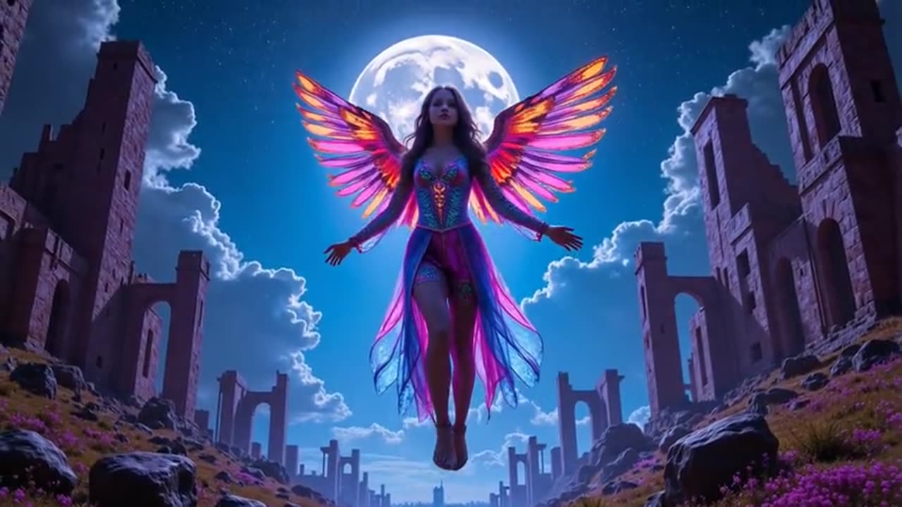 PixVerse AI video: a winged fairy rising over moonlit ruins