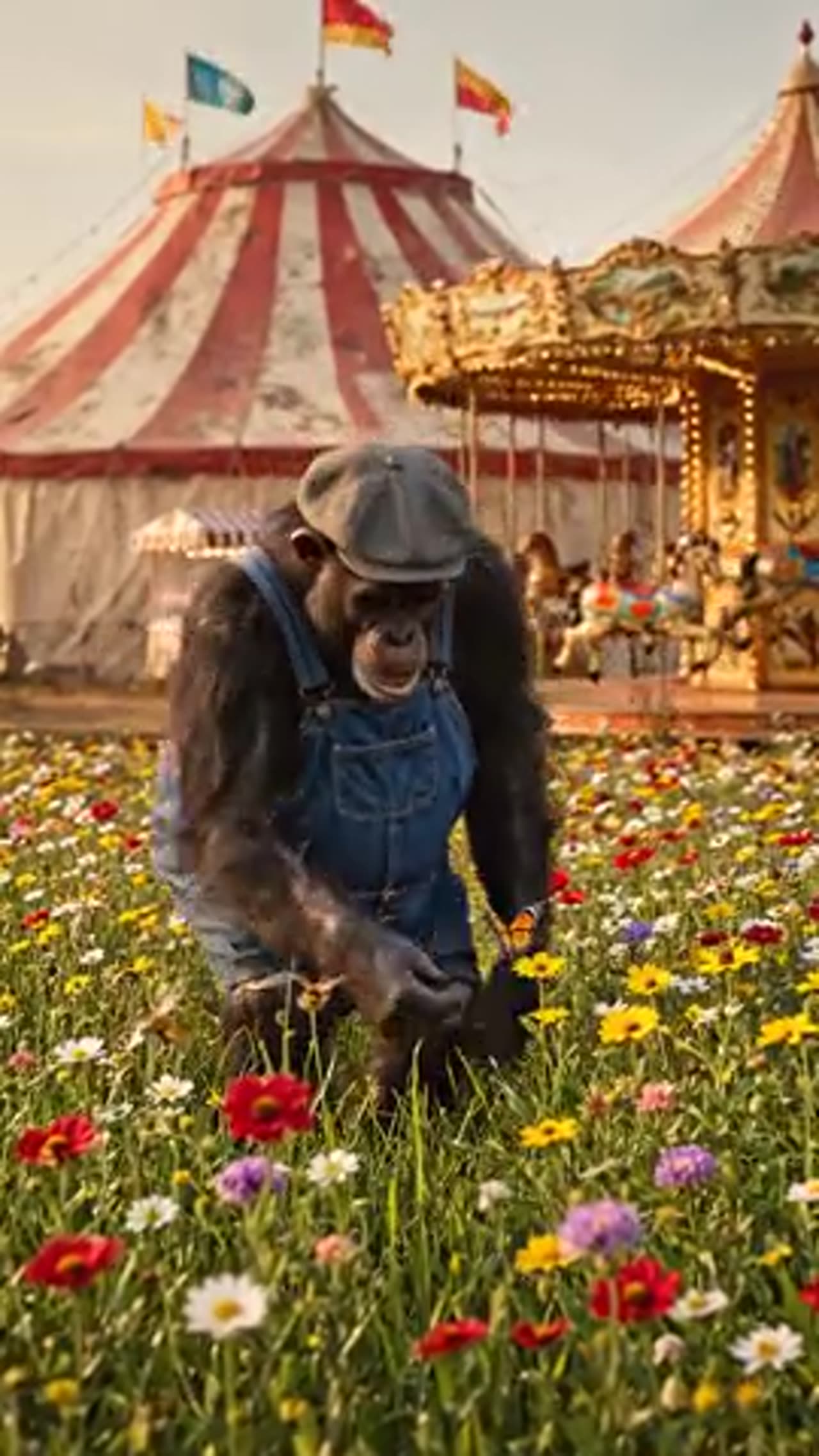 Reference to video: a chimpanzee walking through a carnival meadow
