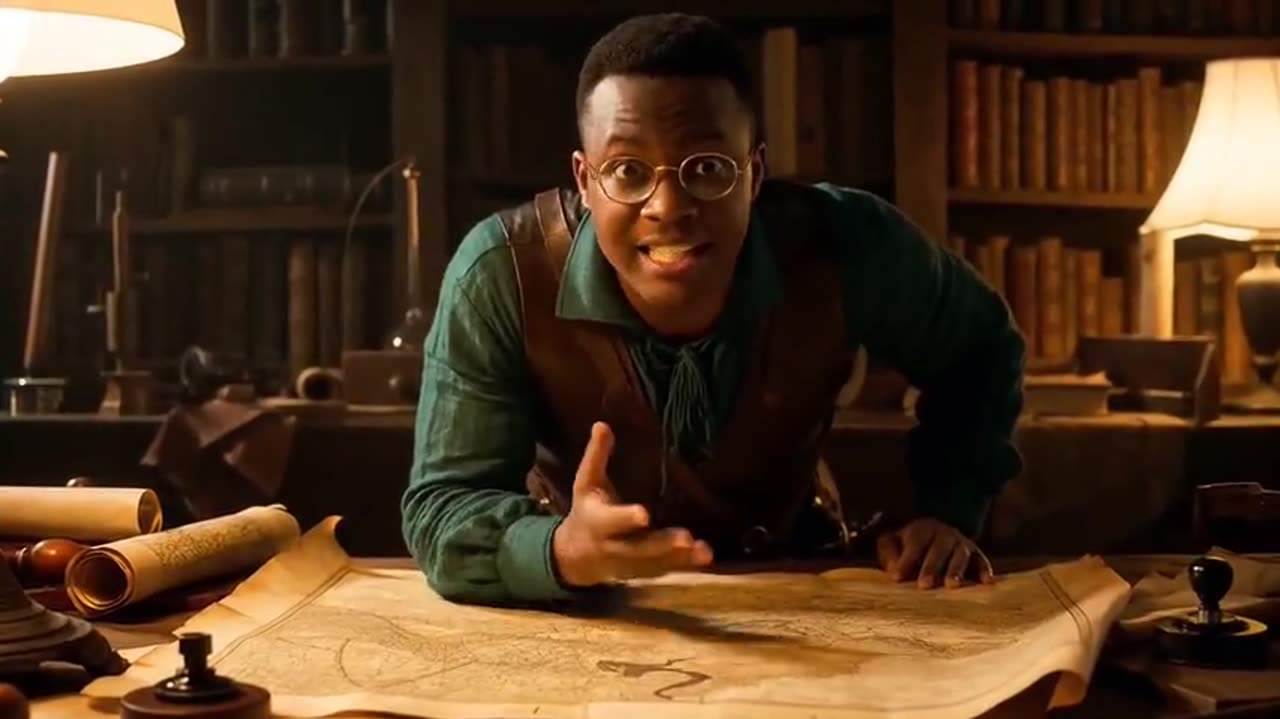 Veo 3 AI video: a scholar studying ancient maps by lamplight