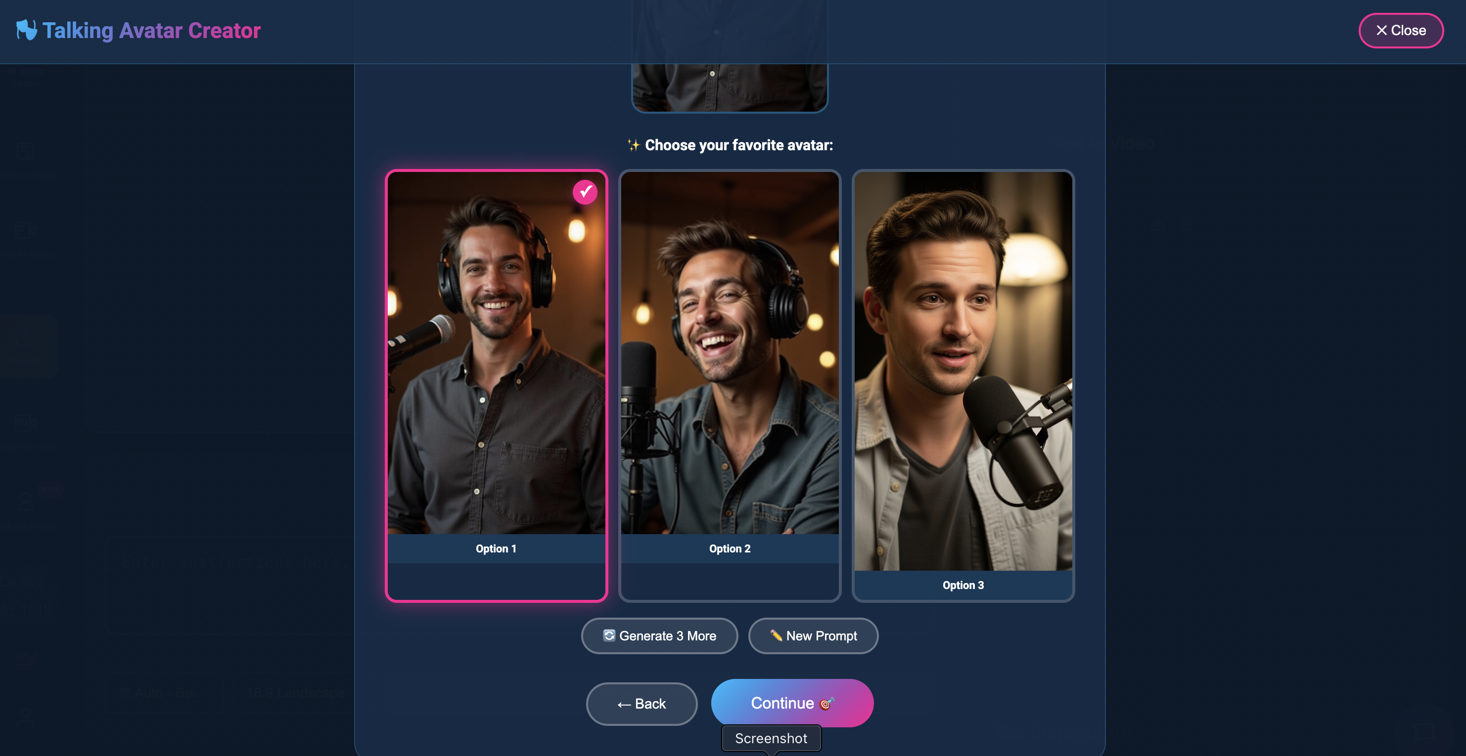 AI Talking Avatar Creator Interface showing three generated podcast host options